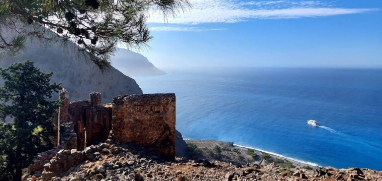 Ruins of a stone building on a rocky cliff overlooking the blue sea, with a pine branch overhead framing the view.